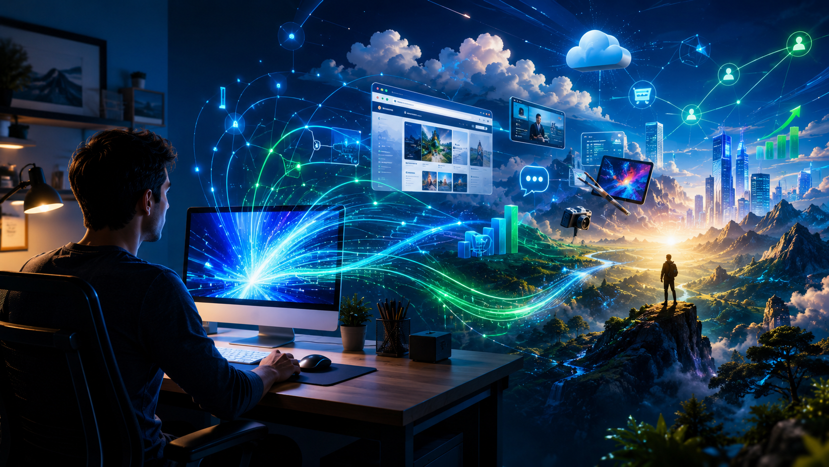 A person at a desktop computer looking into a glowing digital adventure landscape of websites, cloud systems, business tools, and online connections