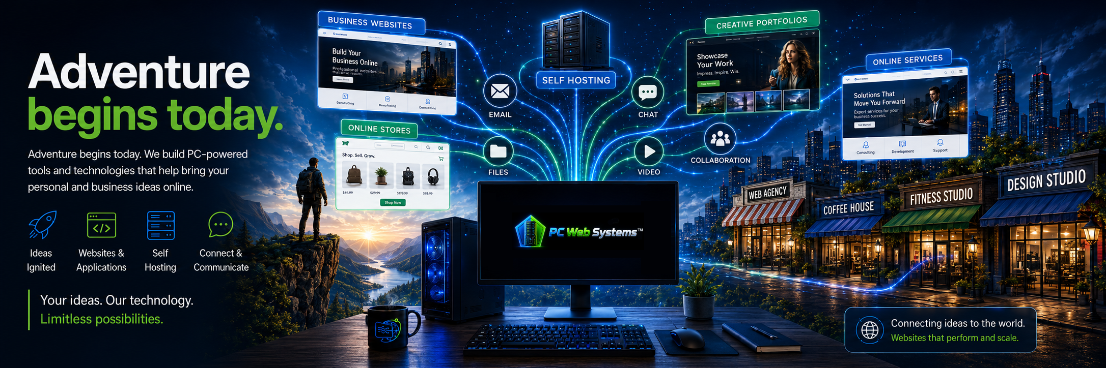 PC Web Systems futuristic technology banner with monitor, network globe, and glowing blue and green light trails