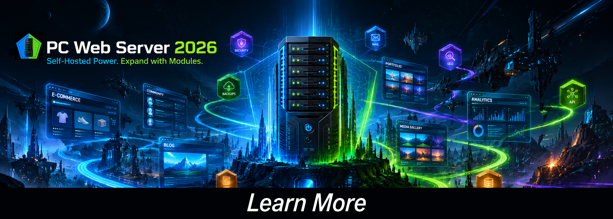 PC Web Server 2026 internet testing dashboard with server tower, speed panels, and Read More button