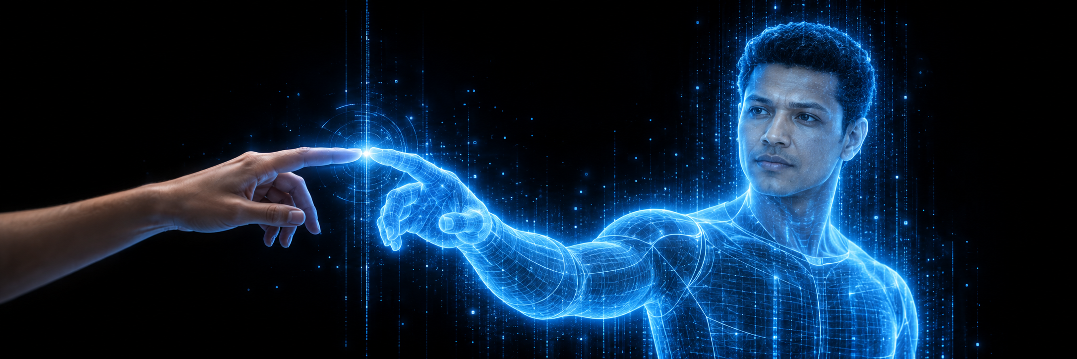 Blue holographic digital entity reaching toward a human hand, symbolizing the convergence of artificial intelligence, human memory, persona and cognition in Clone4Ever.