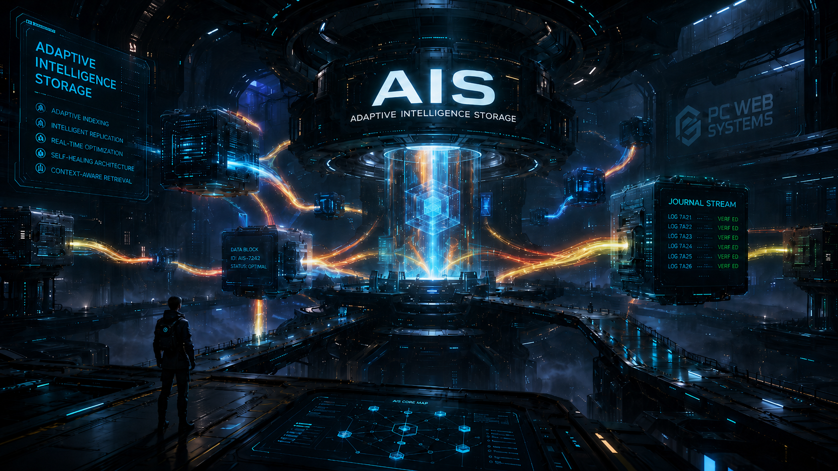 Futuristic Adaptive Intelligence Storage core by PC Web Systems with interconnected data blocks, indexed storage, journal streams, and illuminated data flows.