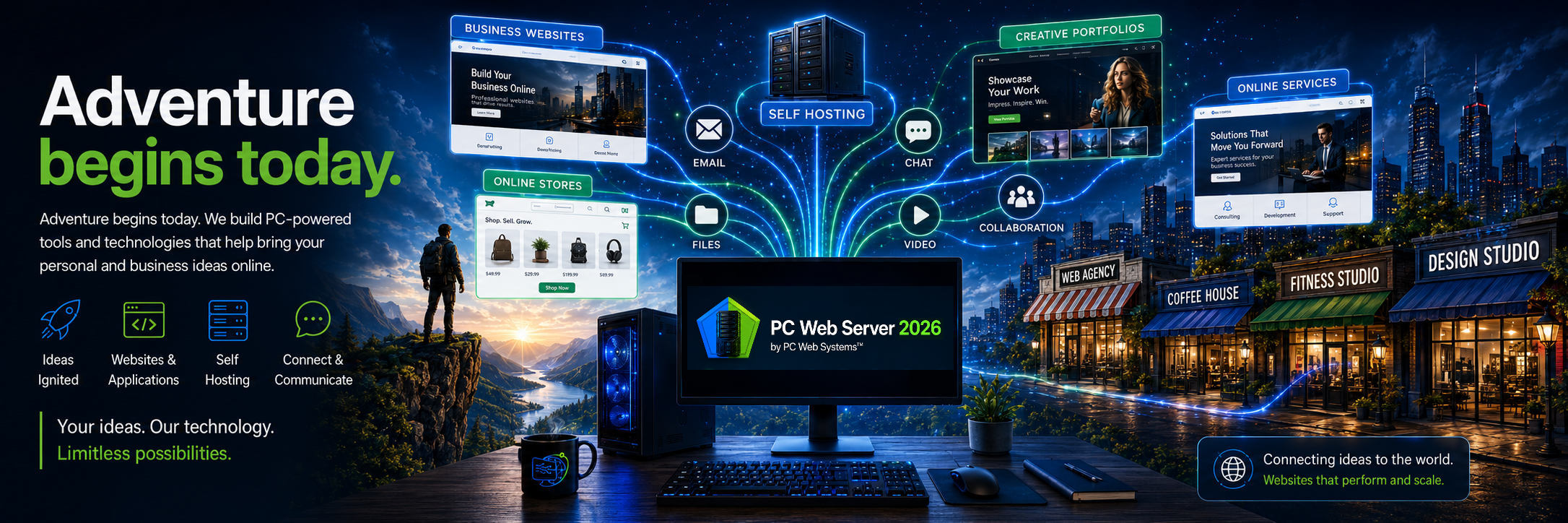 PC Web Systems futuristic technology banner with monitor, network globe, and glowing blue and green light trails
