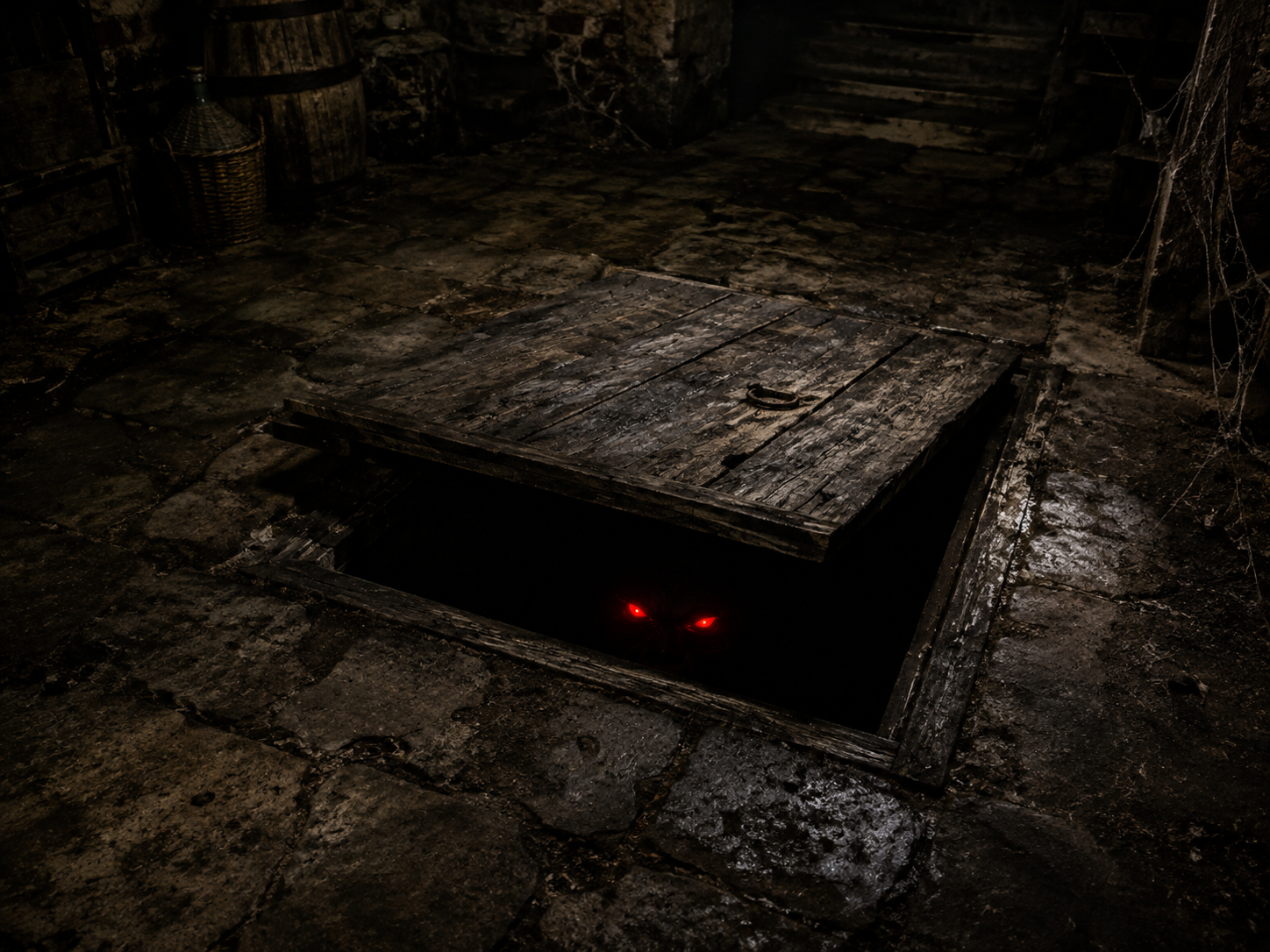 A dark, dirty old cellar with a weathered wooden floor hatch partly open and ominous red glowing eyes peering from the blackness below.