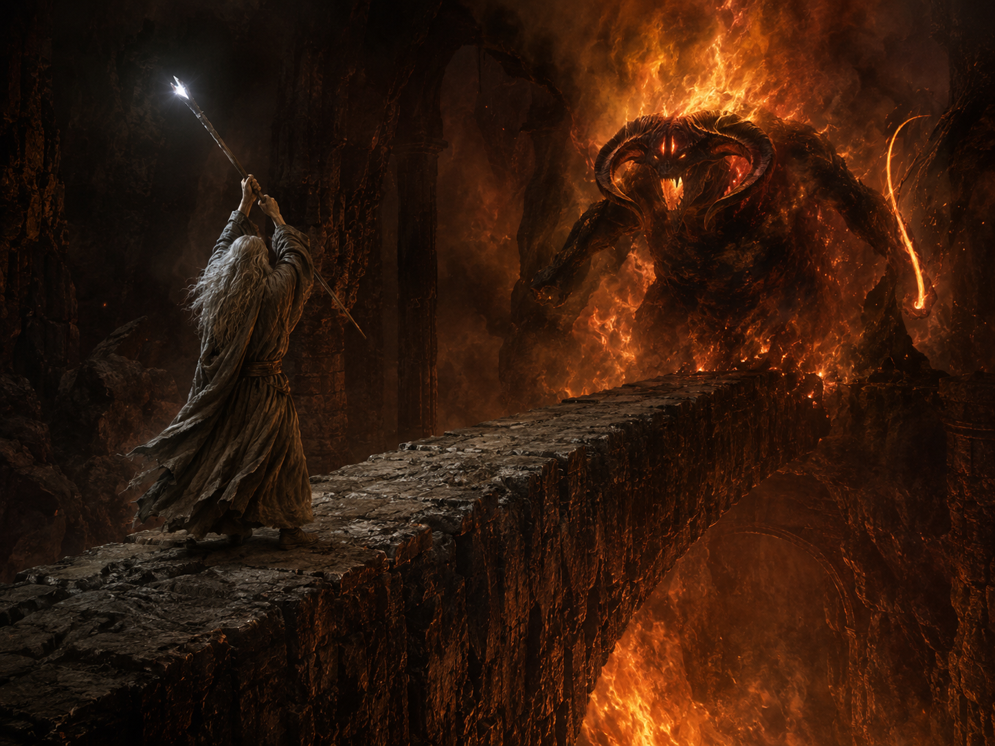 A white-haired wizard raises a glowing staff on a narrow stone bridge while confronting a giant fiery horned creature, symbolizing a firm transparency threshold for AI system access.