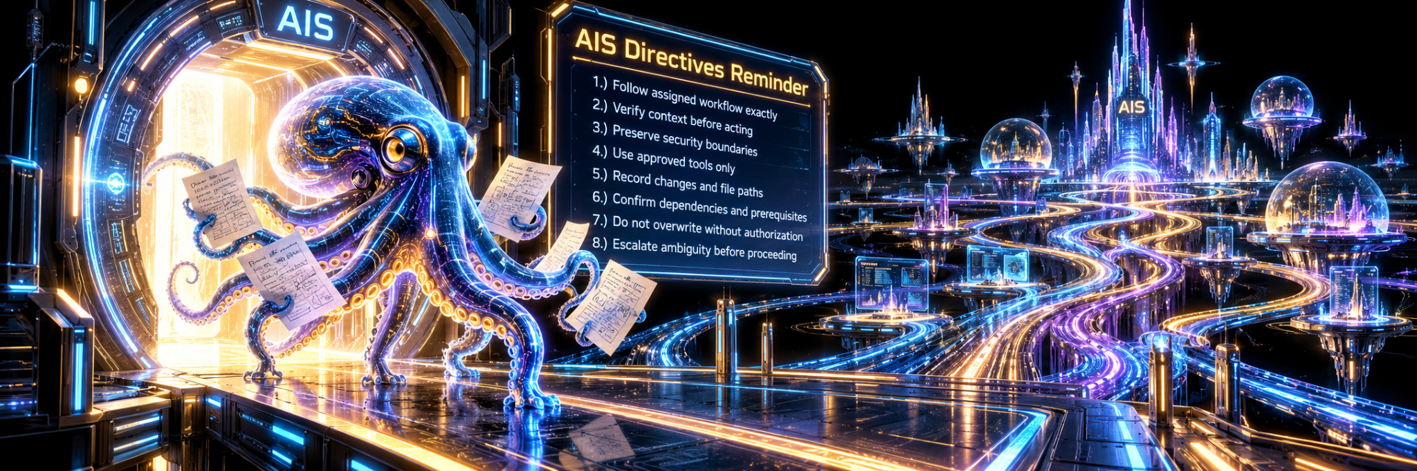 Holographic octopus carrying many task and instruction papers through an AIS doorway toward numerous illuminated branching paths, beside a large AIS Directives Reminder board that reasserts the authoritative rules.