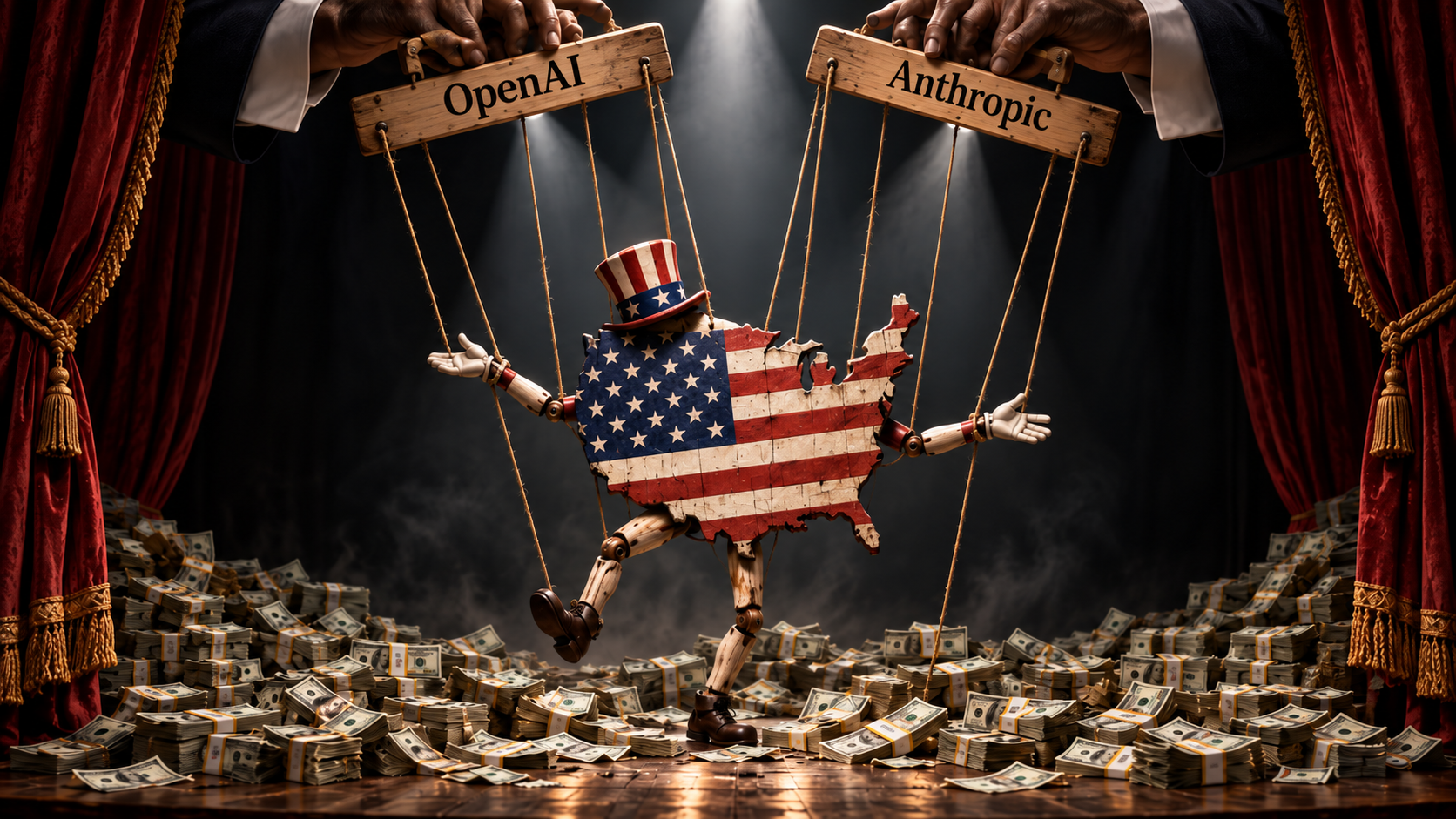 Satirical stage illustration showing wooden OpenAI and Anthropic marionette controls pulling the strings of a red, white and blue United States map puppet dancing above piles of bundled cash.