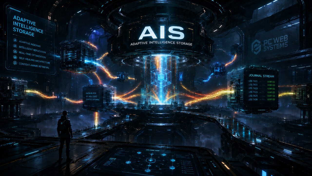 Futuristic Adaptive Intelligence Storage core by PC Web Systems with interconnected data blocks, indexed storage, journal streams, and illuminated data flows.