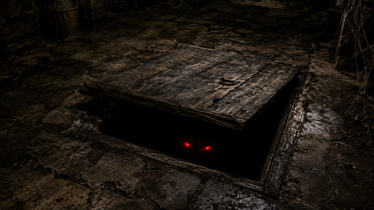 A dark, dirty old cellar with a weathered wooden floor hatch partly open and ominous red glowing eyes peering from the blackness below.