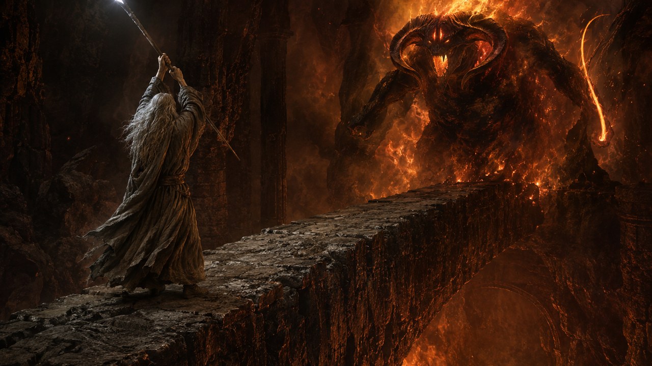 A white-haired wizard raises a glowing staff on a narrow stone bridge while confronting a giant fiery horned creature, symbolizing a firm transparency threshold for AI system access.