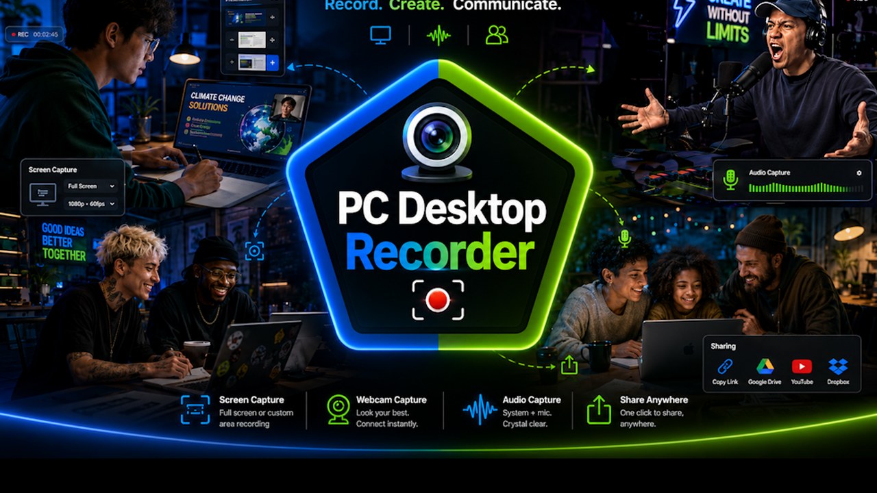 PC Desktop Recorder promotional artwork showing screen capture, webcam, audio recording, collaboration, sharing, and creative production tools.