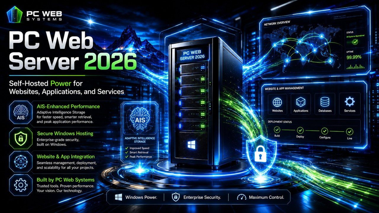 PC Web Server 2026 in a futuristic self-hosted data center with illuminated Windows server hardware, secure website and application controls, and AIS-enhanced data flows.