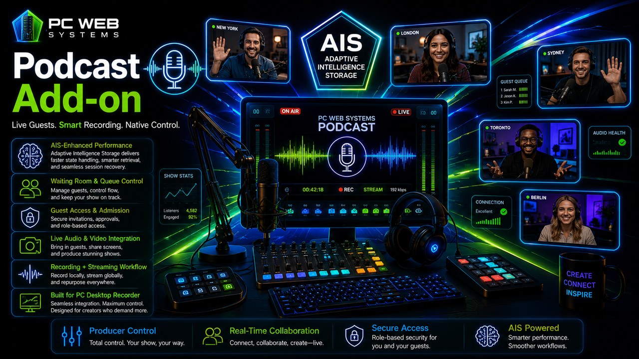 PC Web Systems Podcast Add-on production studio with connected remote guests, native recording controls, secure access, and AIS-powered session management.