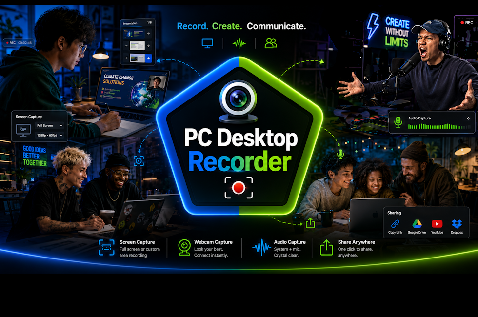 PC Desktop Recorder promotional artwork showing screen capture, webcam, audio recording, collaboration, sharing, and creative production tools.