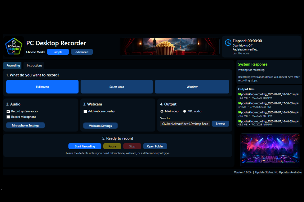 PC Desktop Recorder simple mode interface preview