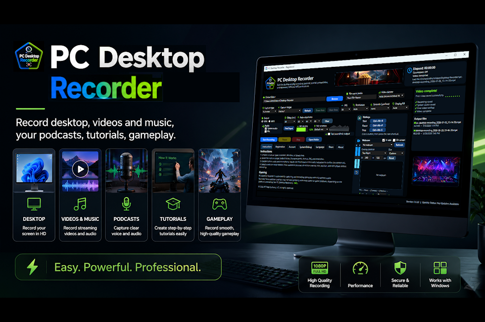PC Desktop Recorder promotional image showing the product hero artwork and webcam-related product view